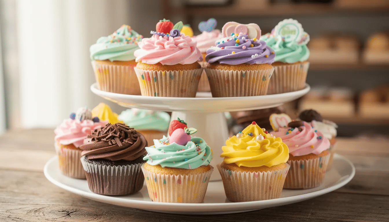 A tiered display showcases an assortment of beautifully decorated cupcakes, each topped with colorful frostings and delightful garnishes, creating an inviting sight for any celebration. The rich flavors and creative designs make these decadent desserts a perfect treat to impress guests at any occasion.