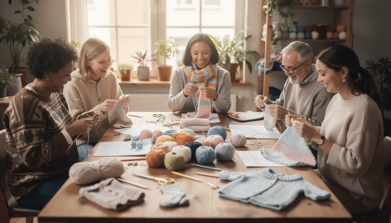 A group of excited knitters is gathered around a cozy table in a local yarn shop, working on various yarn projects with colorful wool and sharing stories about their next projects. The atmosphere is warm and inviting, showcasing a sense of community and creativity as they navigate through patterns and discuss their love for knitting and crochet.