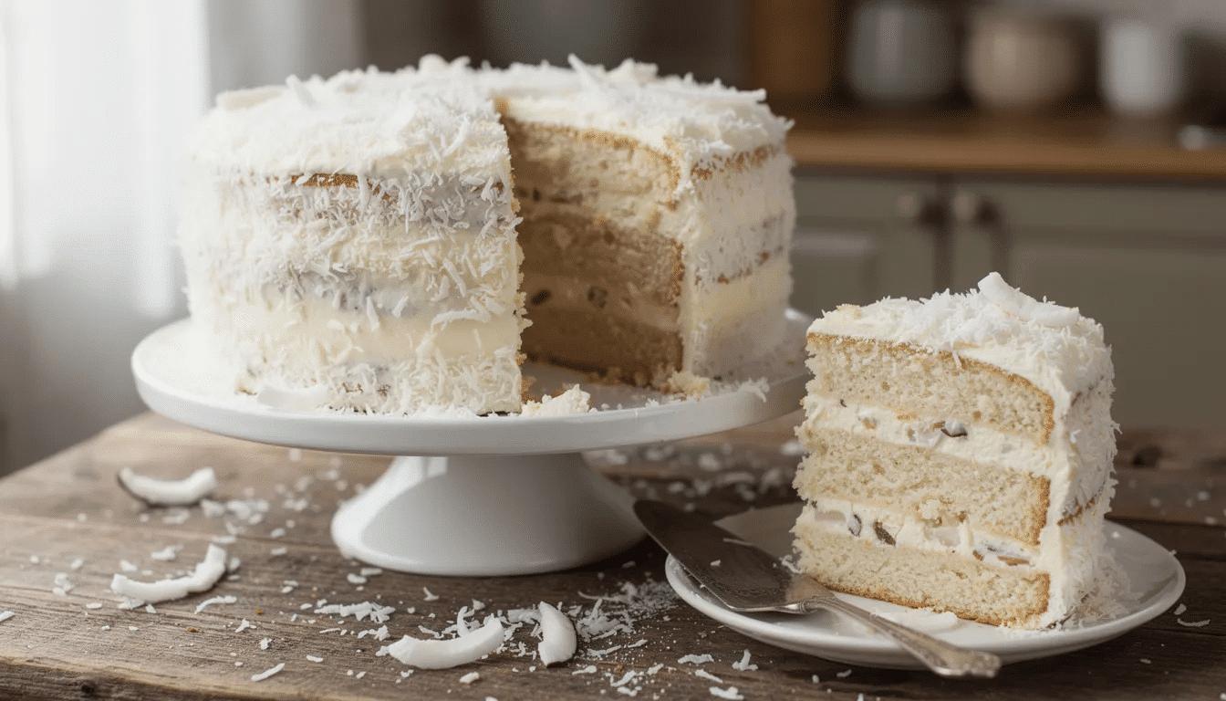 A beautifully displayed gluten-free coconut cake sits on a rustic wooden table, showcasing its moist layers and creamy icing. This cake, often hailed as the best coconut cake in Atlanta, features a perfectly balanced flavor that delights locals and visitors alike, making it a must-try dessert at CEG Bakery.