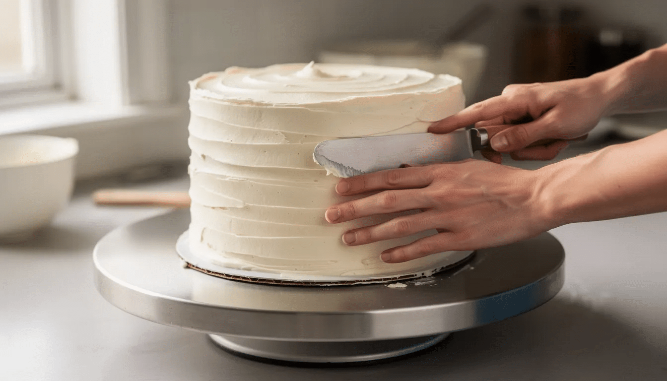 569ea511-9ff1-4186-9392-8b4428da86aa The image shows hands frosting a vanilla layer cake on a rotating cake turntable, showcasing the smooth application of frosting as part of a vanilla cake recipe. The cake, likely made with cake flour and high-quality vanilla extract, is being prepared for a special occasion, emphasizing the art of creating a perfect cake.