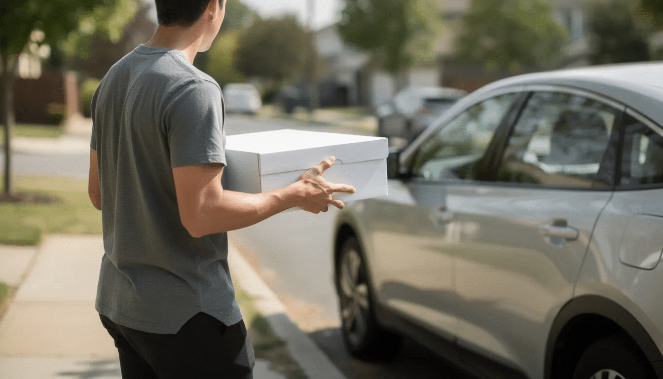 57c178a3-f875-4d5d-b624-a738dd980d18 A person is carefully carrying a white cake box with both hands while walking toward a car, likely transporting a custom cake for a special occasion. The scene captures the anticipation of sharing this delightful treat.