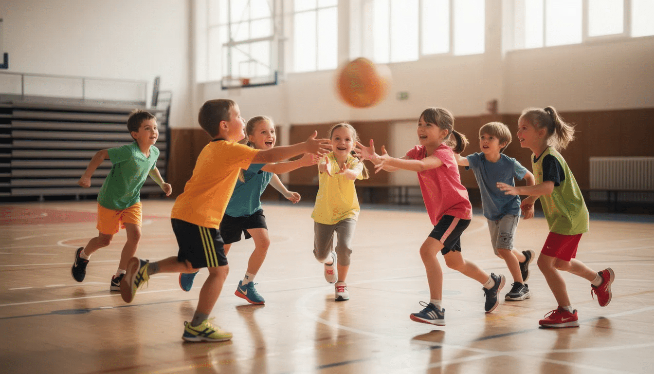 A group of kids is sitting in a circle in a gymnasium, engaging in a fun game where they pass an object around while maintaining eye contact and following the game's rules. The atmosphere is lively as the game leader announces the next player, creating a sense of social interaction and excitement among the whole group.