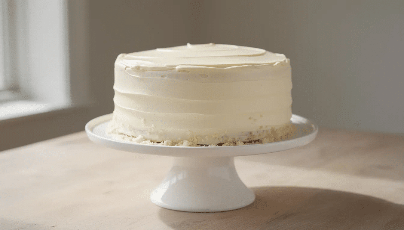 A beautifully frosted two-layer vanilla cake sits on a white cake stand, showcasing its smooth buttercream frosting. This delicious vanilla cake, perfect for special occasions, features a fluffy texture and is ideal for anyone looking for a classic cake recipe.