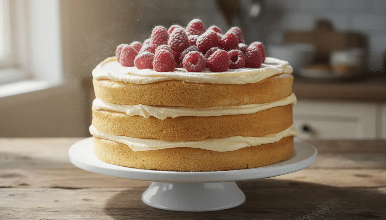 A beautifully layered vanilla cake is topped with fresh raspberries and lightly dusted with powdered sugar, showcasing its fluffy texture and inviting appearance. This delightful dessert is perfect for celebrations and highlights the best vanilla cake recipe.