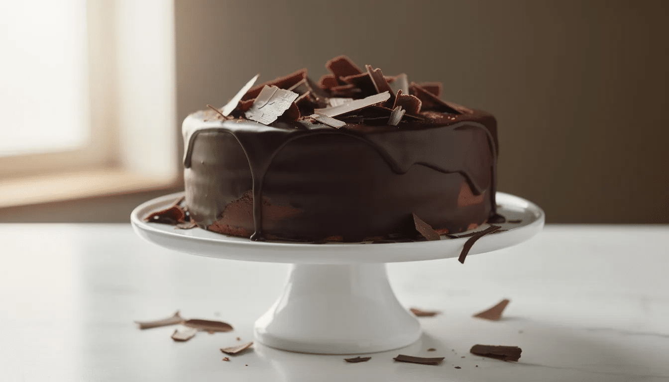 5de6a7cd-2518-4325-8e1b-3c951ad72d5d An elegant chocolate mousse cake sits atop a white cake stand, adorned with delicate chocolate shavings. This moist chocolate cake is a delightful treat perfect for any restaurant dessert menu or special occasion.