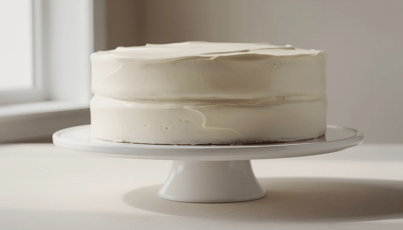 The image features a two-layer vanilla cake adorned with smooth white frosting, elegantly displayed on a simple cake stand. This delightful vanilla cake, perfect for celebrations, showcases its fluffy texture and is reminiscent of classic birthday cakes, making it an ideal choice for any dessert occasion.