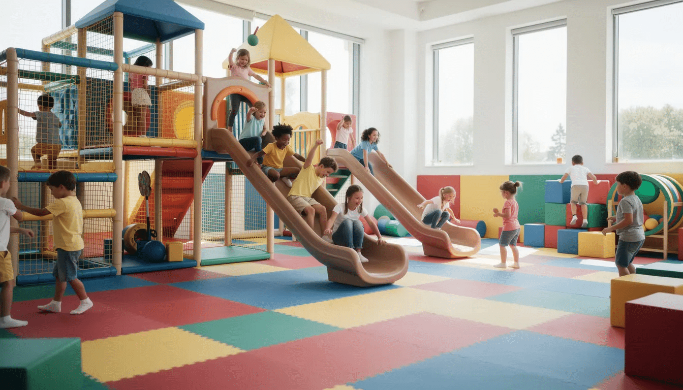 5fb9dca0-9eaf-40a7-b80e-e46ee1583063 A vibrant indoor playground features children joyfully climbing and sliding on colorful play equipment, surrounded by padded floors for safety. This exciting space is perfect for kids to explore and enjoy nonstop fun with friends and family.