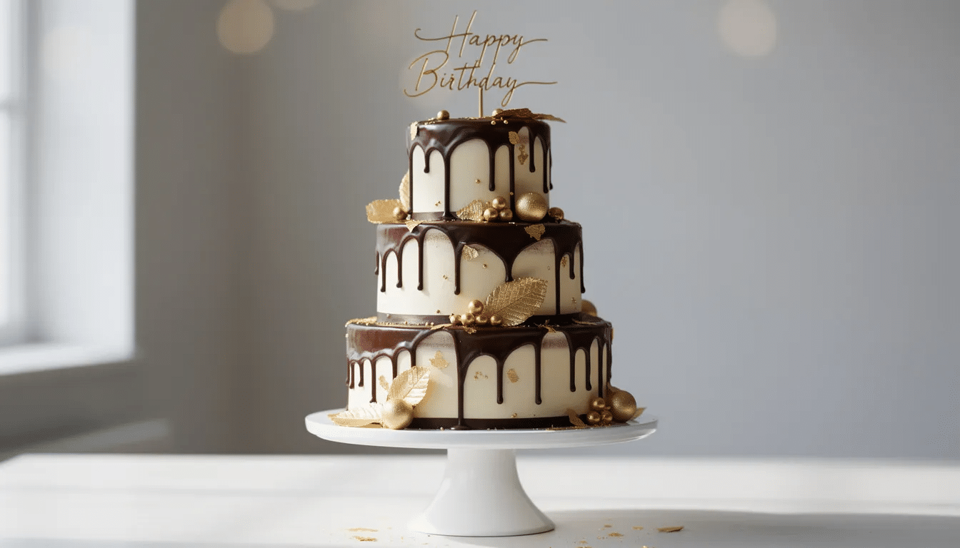 63cb20d8-f4e3-4207-9bc1-ff440cf09ad8 The image features an elegant tiered birthday cake adorned with a rich chocolate drip and luxurious gold decorations, showcasing a beautiful design perfect for any celebration. This custom cake captures the essence of joy and love, making it an ideal centerpiece for a special day.