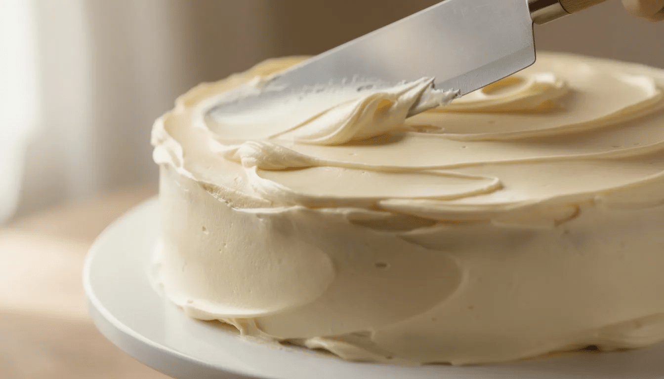 A smooth layer of vanilla buttercream frosting is being spread onto a vanilla cake layer using an offset spatula, showcasing the fluffy texture of the frosting. This image captures the art of decorating cakes, perfect for any special occasion.