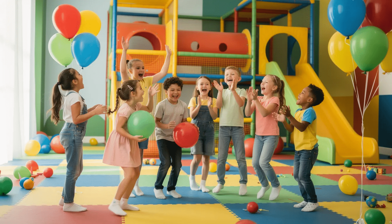 6560d9d3-c6cf-4f60-87c3-2a783b4e2709 A group of cheerful children is celebrating at a vibrant indoor play birthday party, surrounded by colorful balloons and a climbing structure in the background. The atmosphere is filled with excitement as kids enjoy the soft play area and explore the various play equipment.