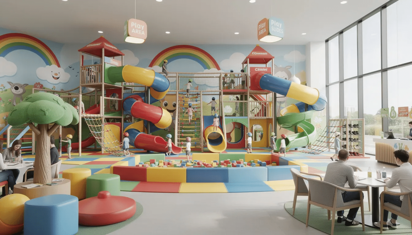 The image depicts a vibrant indoor playground filled with colorful slides, climbing nets, and multiple levels of play structures designed for active movement and imaginative play. This safe indoor play space encourages children to engage in physical challenges that promote gross motor development and coordination.
