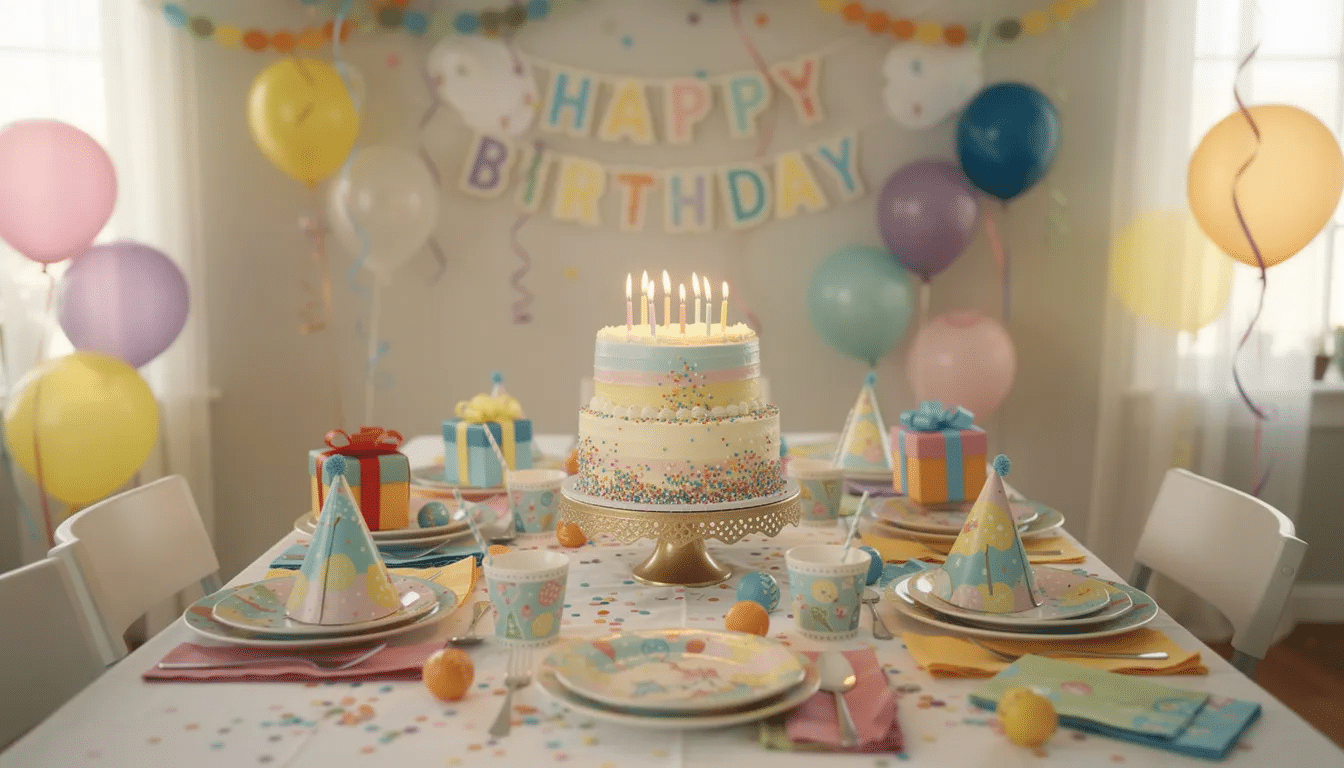 The image depicts a beautifully arranged birthday celebration table featuring a decorated birthday cake as the centerpiece, surrounded by colorful party decorations and festive designs. The setup creates a joyful atmosphere perfect for a celebration.