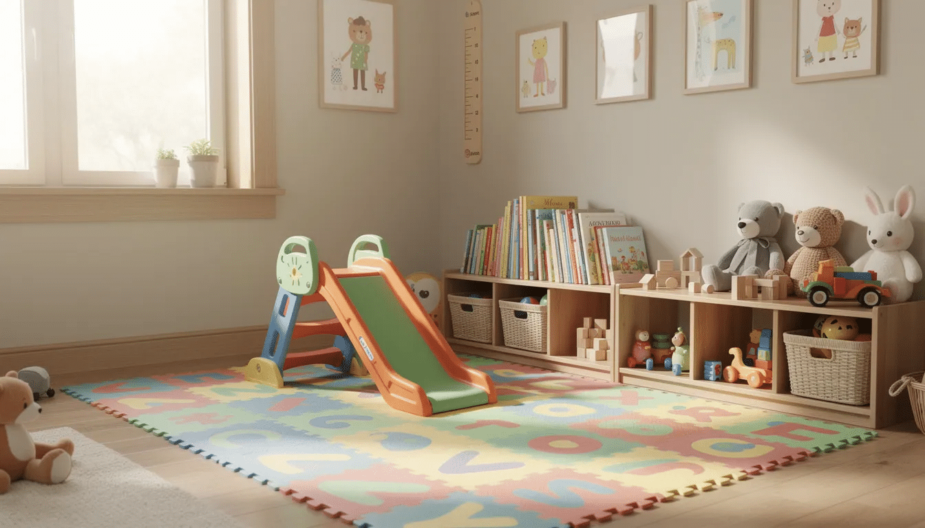 6de398f9-8410-4a82-bee0-f032526dfe2c The image depicts a cozy home playroom corner designed for kids, featuring colorful foam mats, a small slide, and neatly organized toy shelves, creating a perfect space for open play and nonstop fun. This inviting area encourages toddlers and preschoolers to explore and engage in imaginative play.