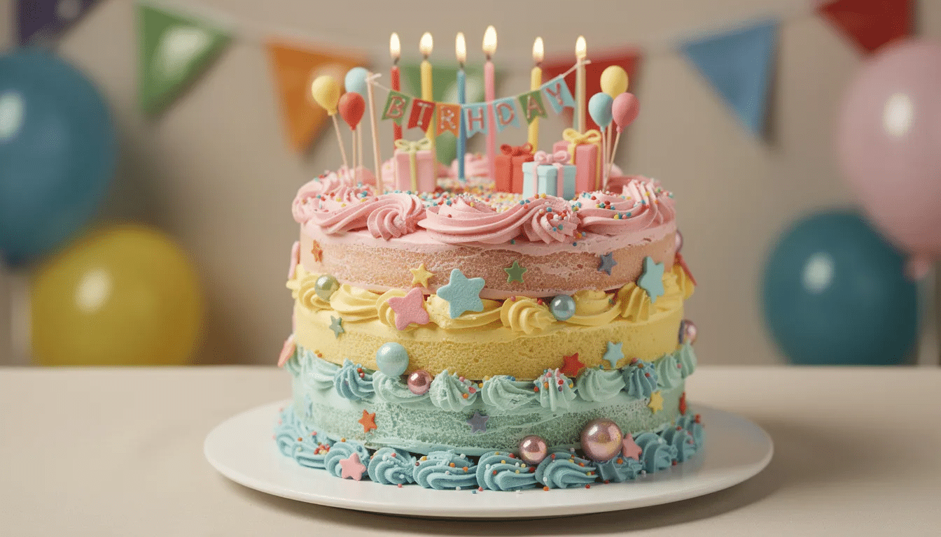 A festive half sheet cake is beautifully displayed on a cake board, adorned with colorful frosting and celebration decorations, perfect for a party. This delicious cake features multiple layers, making it ideal for serving guests at any celebration.