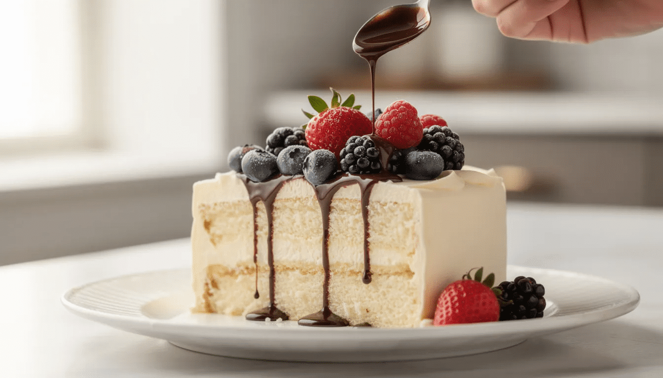 70664d92-2dbd-487c-8868-b760a843aae4 The image showcases a beautifully assembled piece of cake cake, elegantly decorated with fresh raspberries and a rich chocolate drizzle, highlighting its delicious and moist texture. The vibrant berries add a refreshing taste, making it an irresistible dessert perfect for sharing with friends.