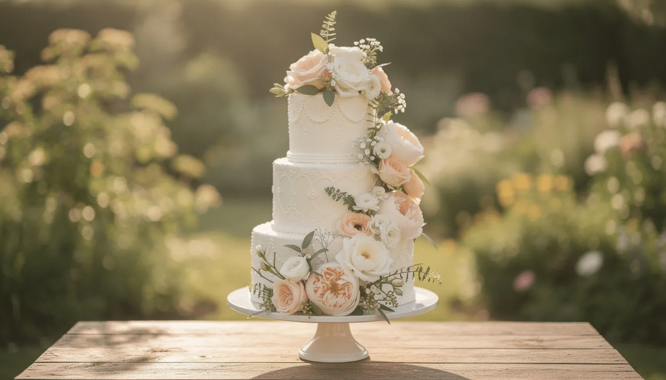 An elegant tiered white wedding cake adorned with fresh flowers is beautifully displayed in an outdoor setting, perfect for a special occasion. This stunning cake showcases the artistry and baking skills of a dedicated gluten-free bakery, making it an ideal choice for weddings in Tucson, AZ.