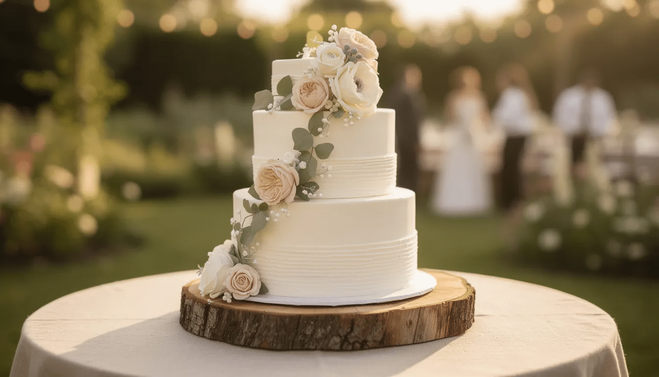 715f4314-be2c-4136-8d87-23ca314fc0ff-1 An elegant white wedding cake adorned with delicate sugar flowers sits atop a rustic wooden stand in an outdoor venue, creating a perfect centerpiece for a celebration. This stunning cake, crafted with high-quality ingredients, embodies creativity and style, making it an unforgettable highlight for any wedding.