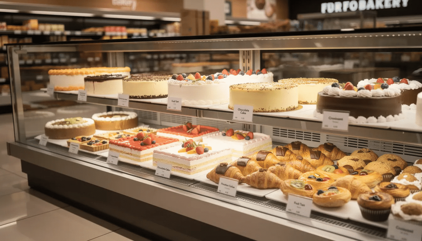 71d30a52-ae3c-4d01-8a14-1926fe837c40 The image features a bakery display case in a grocery store showcasing an array of cakes and pastries, including a rich chocolate mousse cake and a moist chocolate cake. Each cake is beautifully presented, inviting customers to buy a slice or order for special occasions.