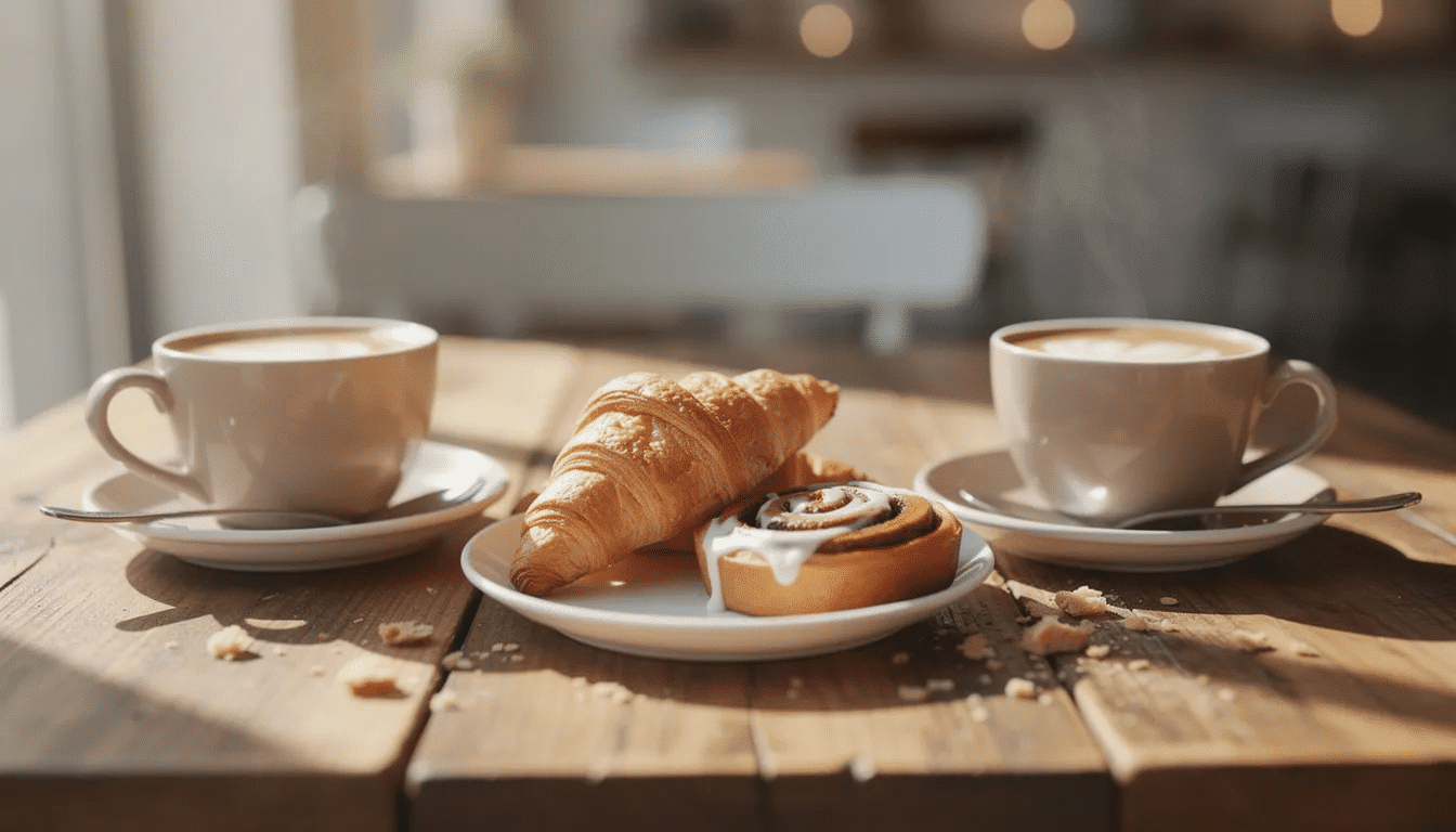 7428311c-47aa-4f82-9be7-3252cb008e6a Two ceramic cups of steaming coffee sit on a rustic wooden cafe table, accompanied by an assortment of fresh pastries, including flaky croissants and sweet cinnamon rolls, inviting patrons to enjoy a delightful bakery experience.