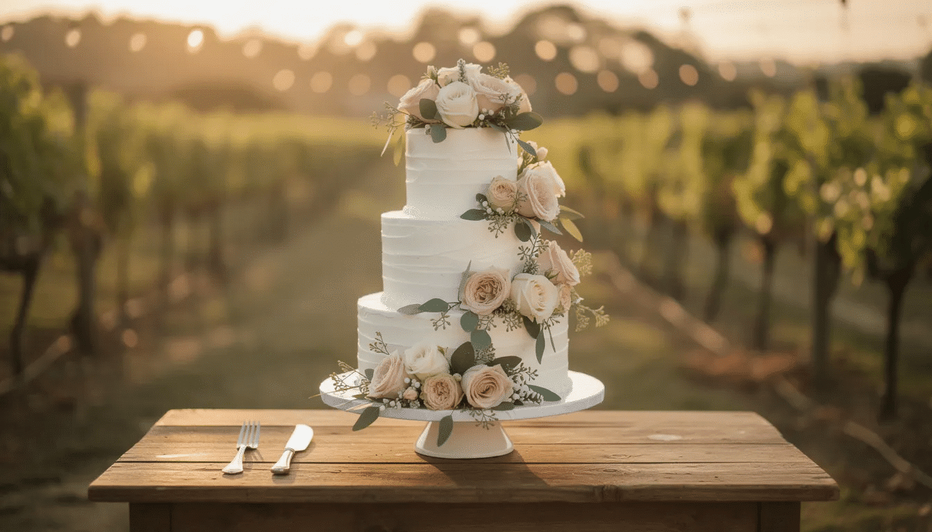A stunning multi-tier white wedding cake adorned with lush greenery and delicate blush roses sits elegantly at an outdoor vineyard reception, perfect for a celebration in the Bay Area. The cake, designed for a special occasion, highlights the beauty of custom cakes in a picturesque California setting.