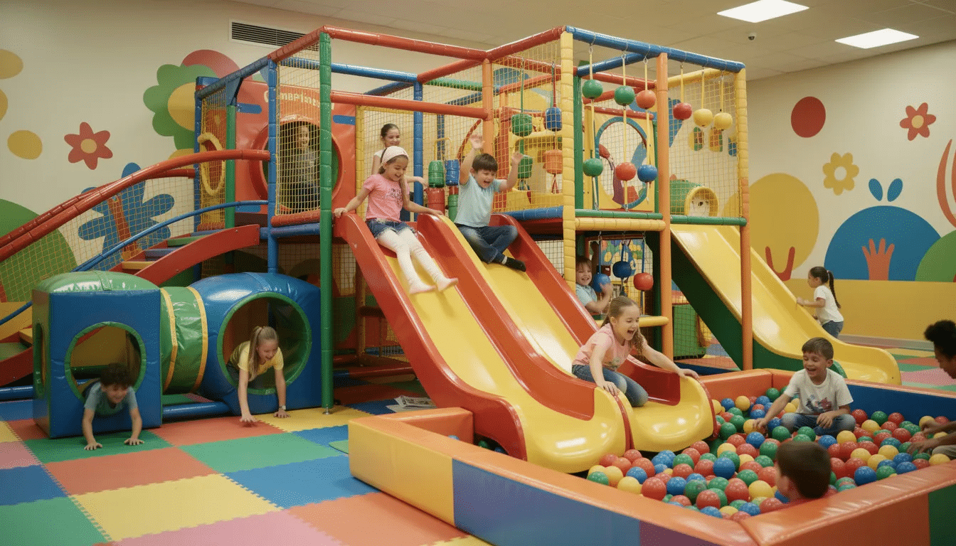 7a4cb16f-334a-4ca7-aa0b-c7379a3ac6e8 A vibrant indoor playground features young kids joyfully playing on colorful soft play equipment, including slides and tunnels, while exploring imaginative play areas. This fun-filled space is perfect for birthday parties and play dates, allowing families to enjoy free play and adventure together.