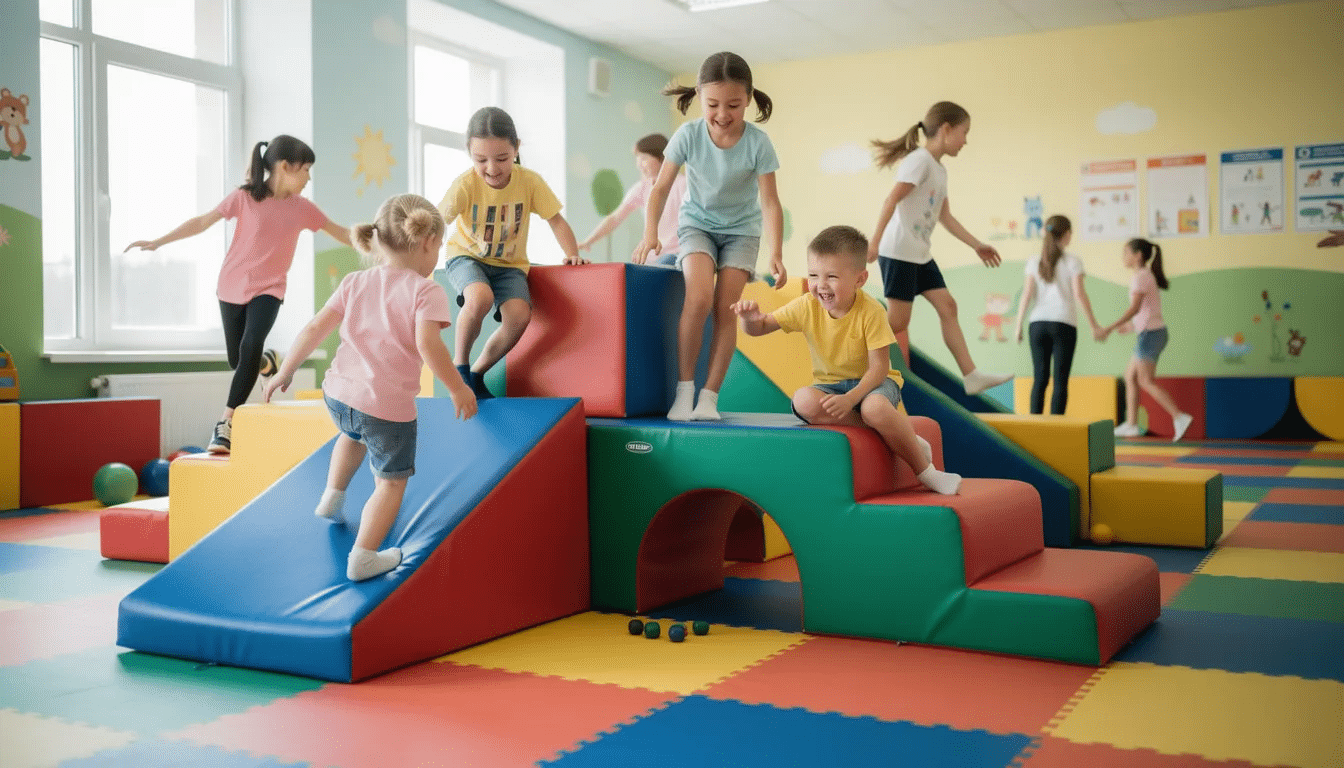 A vibrant indoor play area features children of various ages joyfully exploring colorful padded climbing blocks and slides, surrounded by soft play equipment designed for imaginative play. The secure space invites little ones to laugh and engage in fun activities, making it an ideal environment for families.
