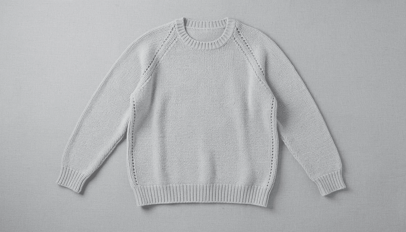 812464d4-dd2a-495c-b3ab-1af87124808c The image shows a finished pullover sweater laid flat, highlighting its construction details and seamwork, which includes neat stitching and a well-defined shape. This pullover knitting pattern showcases the craftsmanship and design elements that contribute to its overall aesthetic.