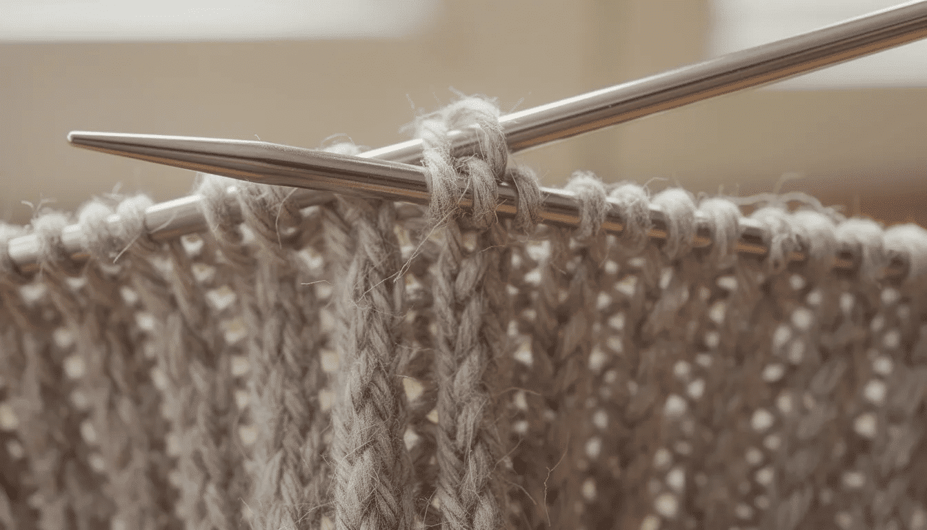 816ca893-eecd-45b6-b68a-1bb6069357da The image shows a pair of knitting needles actively working on a ribbed fabric, showcasing the intricate texture and progress of the knitting pattern. The focus is on the hands skillfully maneuvering the needles, creating a cozy and inviting scene.