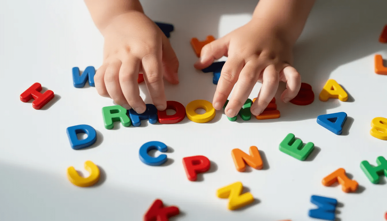 A child's hands are joyfully playing with colorful magnetic letters on a white surface, engaging in a fun activity that promotes fine motor skills and letter recognition. This playful learning experience is a fantastic way for young learners to explore the alphabet while having so much fun.