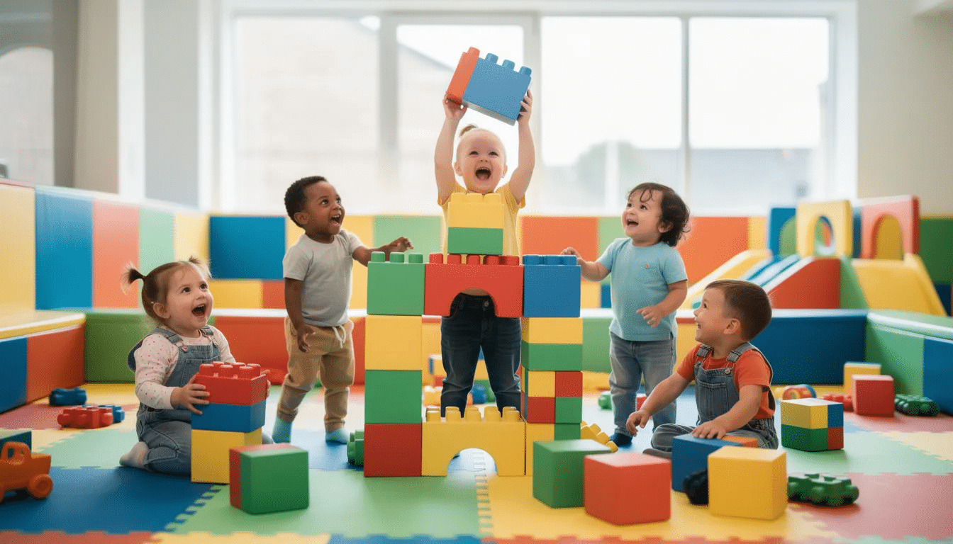854c4ed2-b093-4a3d-99f7-bbdf33a820b7 A vibrant indoor playground features toddlers engaging in rough play with large foam blocks, surrounded by colorful soft-play equipment. The safe play space encourages young kids to explore, create, and enjoy their playtime together.