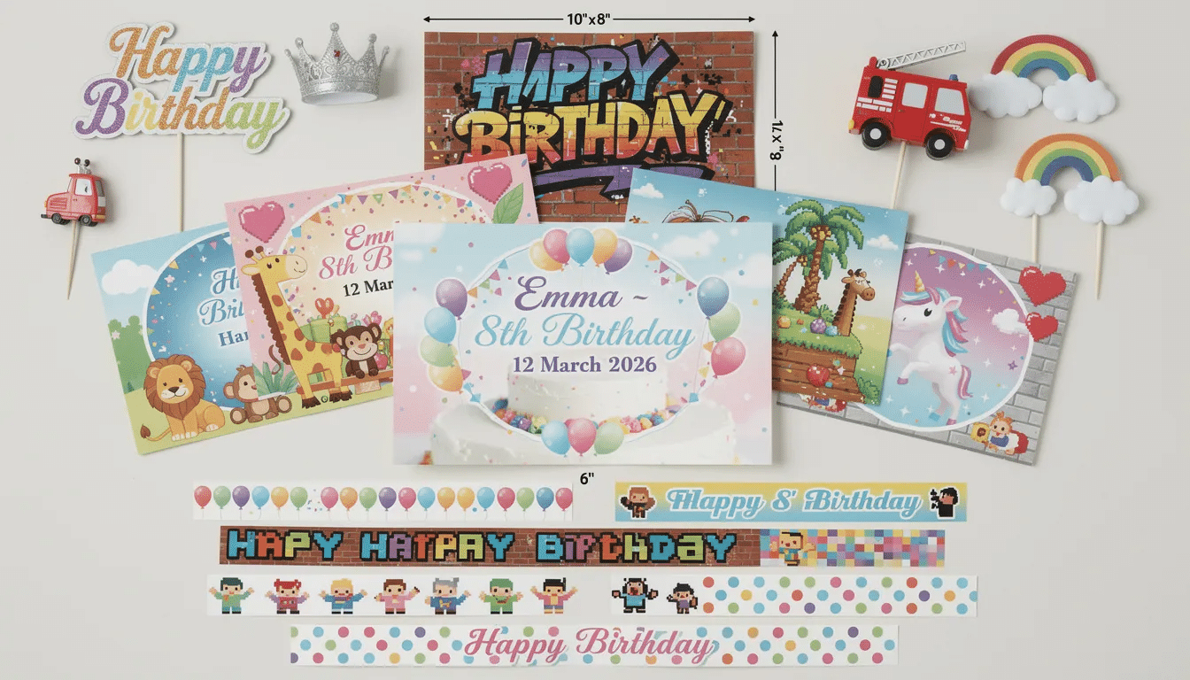 86935567-e132-48c4-86cd-440dc859479d The image showcases a variety of custom edible birthday cake toppers featuring personalized designs, such as names and ages, set against colorful backgrounds with themes like balloons and confetti. Additionally, there are non-edible decorations like glittery signs and playful figures, all arranged around a beautifully decorated birthday cake.