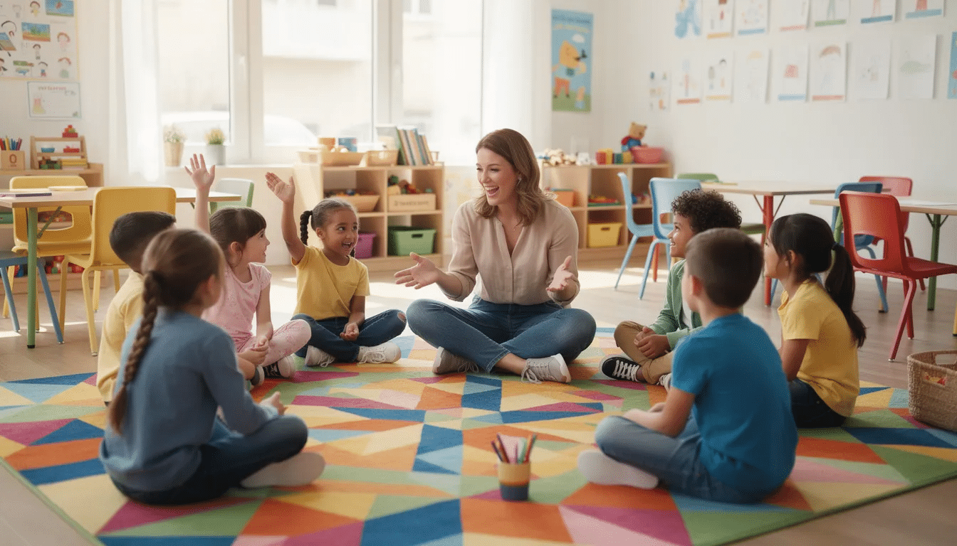 A group of young children, engaged in a fun activity, sits in a circle on a colorful classroom rug while a teacher leads them through a game that promotes fine motor skills and critical thinking. The classroom atmosphere is lively, filled with laughter as the kindergarten students participate in playful learning.