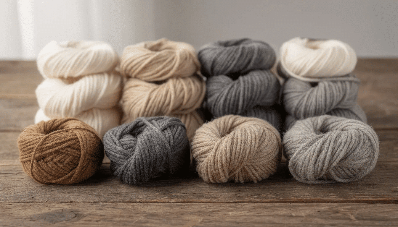 8d926a06-0e29-4c9d-9ae0-b2322dfafbd2 A collection of yarn skeins in various weights and natural colors is displayed, showcasing a range of textures and hues perfect for creating unique knitting patterns. The assortment highlights earthy tones that evoke a sense of warmth and creativity.