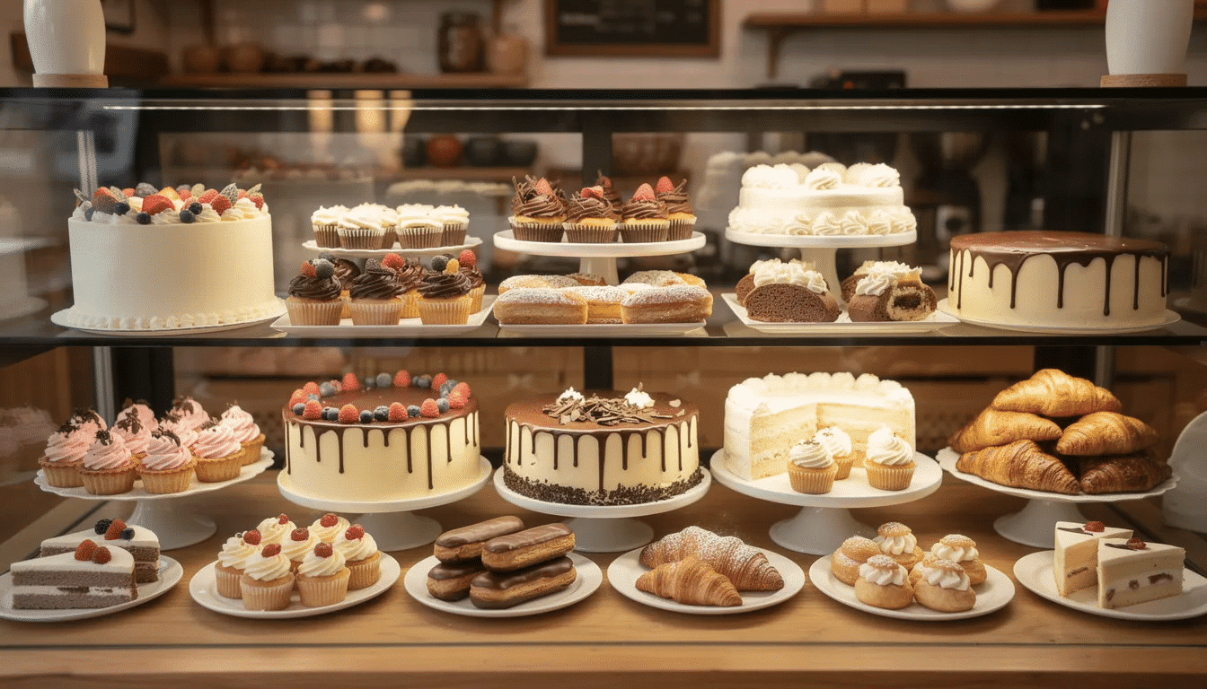 A display case in a dedicated gluten-free bakery showcases an assortment of beautifully decorated cakes and pastries, including custom cakes and cupcakes, perfect for any special occasion in Tucson. The enticing variety of delicious flavors is sure to satisfy any sweet tooth, making it an ideal stop for fresh baked cookies and other delightful treats.