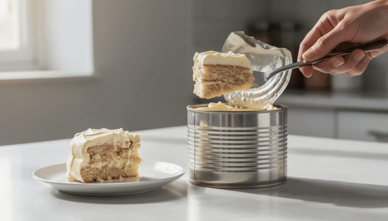 911bbb15-626a-4dc0-a6de-6cc748402f22 A person is serving a slice of delicious Japanese cheesecake from a sealed metal can onto a white dessert plate, showcasing its light and moist texture, perfect for sharing with friends. The scene captures the freshness and crafted flavors of this ideal dessert.