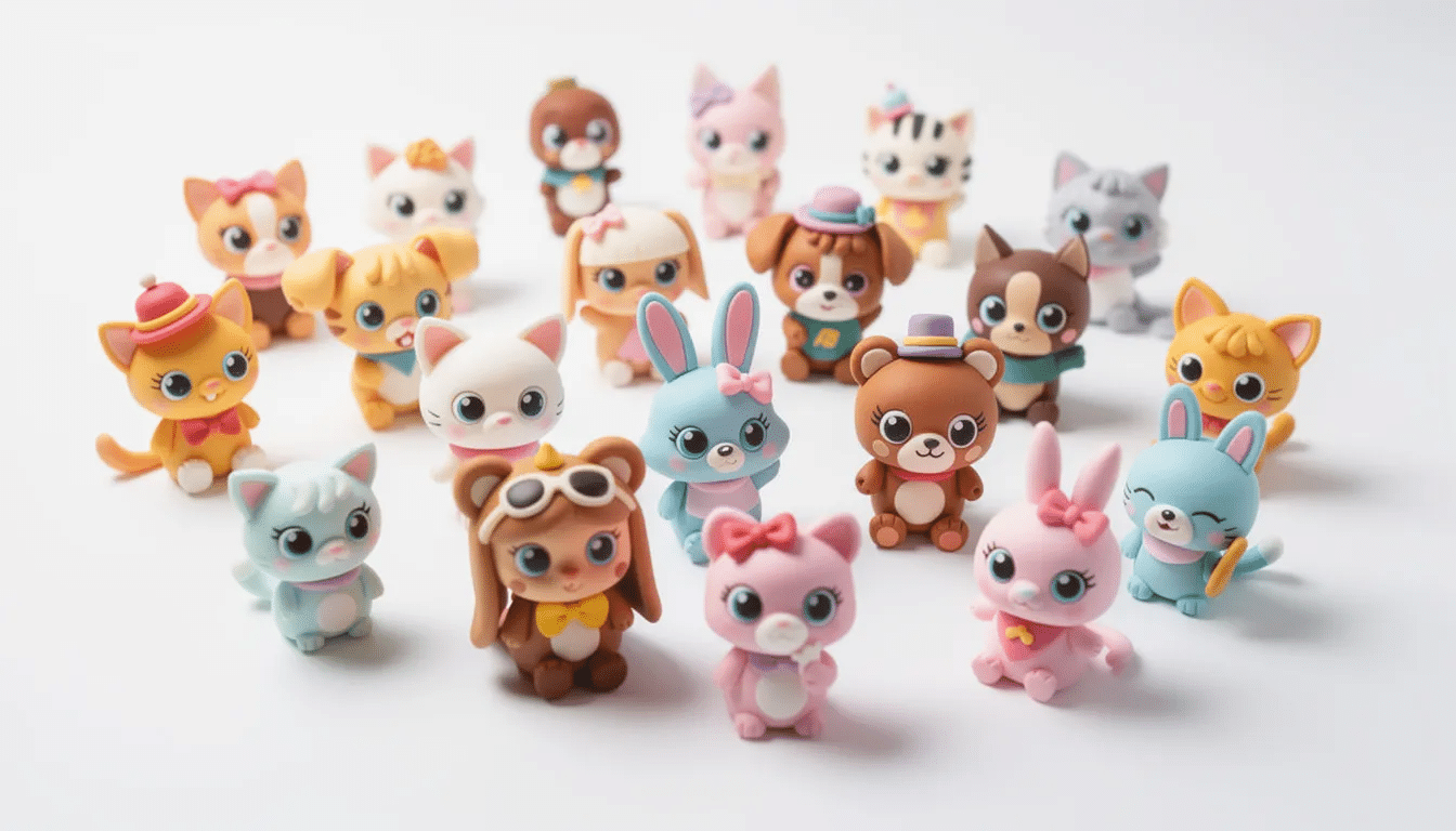 913a355b-9ab7-41ef-a033-7875a95e901e The image features a vibrant assortment of colorful fondant figurines, including various animals and beloved cartoon characters, displayed on a smooth white surface, perfect for adding finishing touches to custom cakes for birthdays or special occasions.