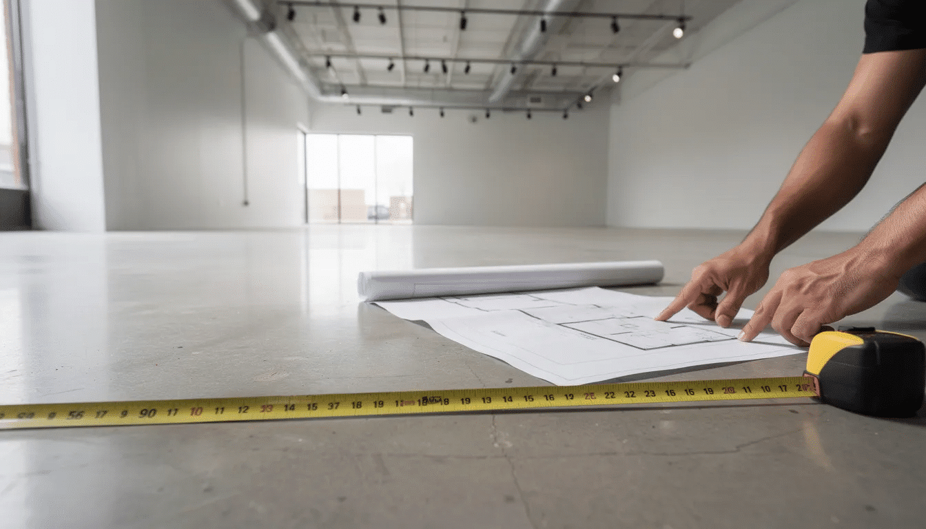 An empty commercial space features a measuring tape laid out on the floor, while architectural plans are being reviewed on a table, indicating preparation for a new indoor playground designed for imaginative play. This secure space aims to accommodate young children and families with customized soft play equipment that promotes exploration and fun.