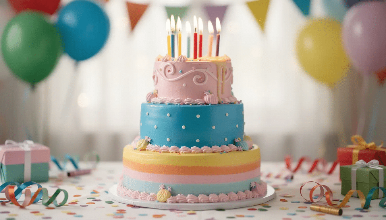 A vibrant three-tier birthday cake adorned with lit candles sits on a beautifully decorated party table, surrounded by colorful decorations and festive items. This delightful scene captures the essence of celebration, perfect for birthday cake photos and sharing joyful moments.