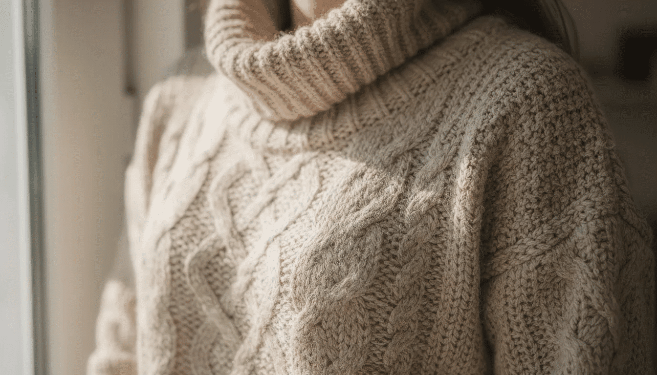 9904c629-eef3-4bbe-8d50-eac794fcf491 A close-up image captures a person wearing a cozy knitted pullover sweater, illuminated by soft natural light, highlighting the intricate knitting patterns and texture of the fabric. The warm tones of the sweater evoke a sense of comfort and style, perfect for casual wear.