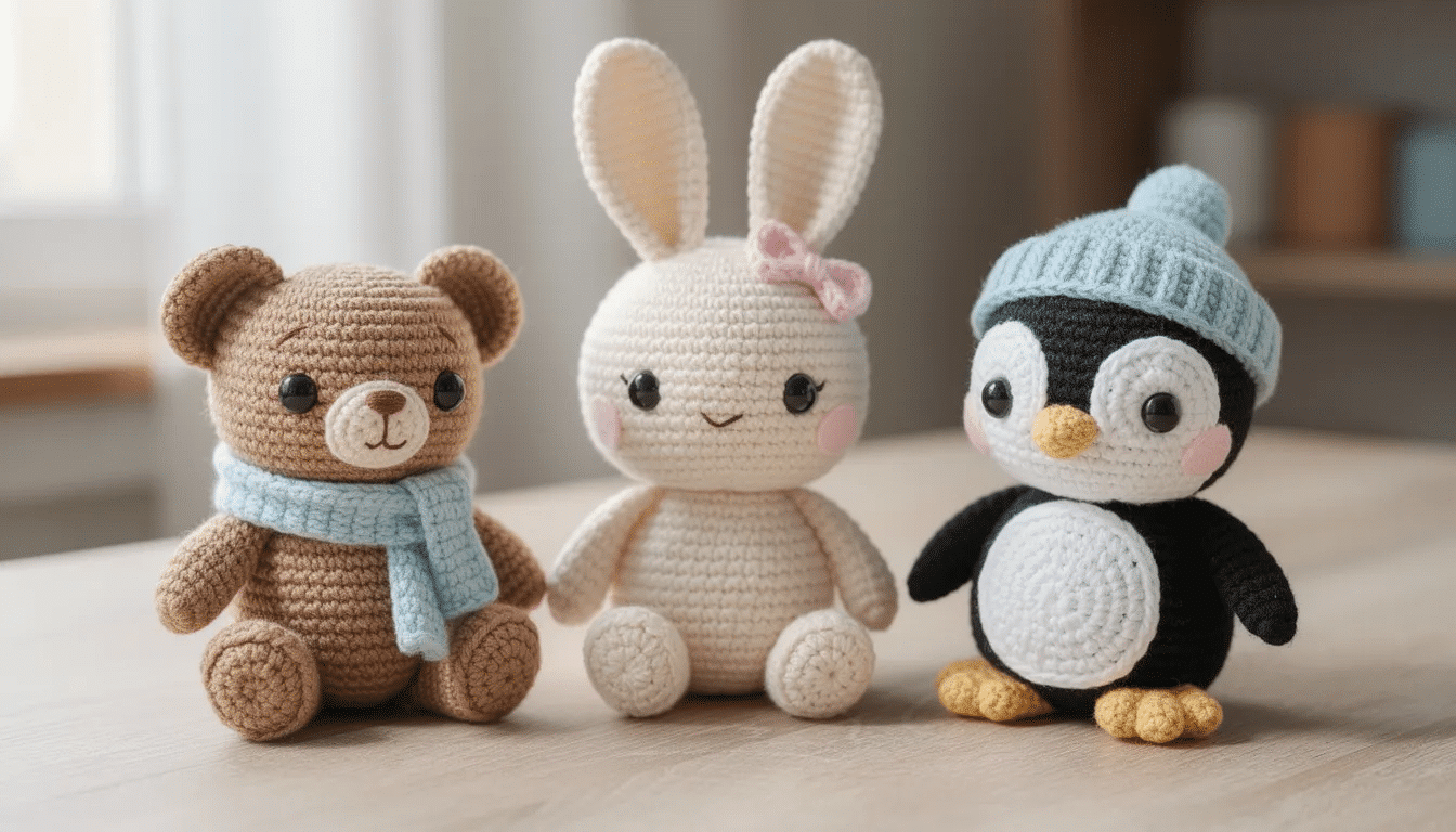 9a305c46-06fd-4ffb-9d90-e95783ce9171 The image features a charming collection of crocheted amigurumi animals, including a bear, a bunny, and a penguin, all made with colorful yarn and equipped with safety eyes. These adorable creations represent a delightful crochet project, perfect for gifting or as a fun hobby for beginner crocheters.