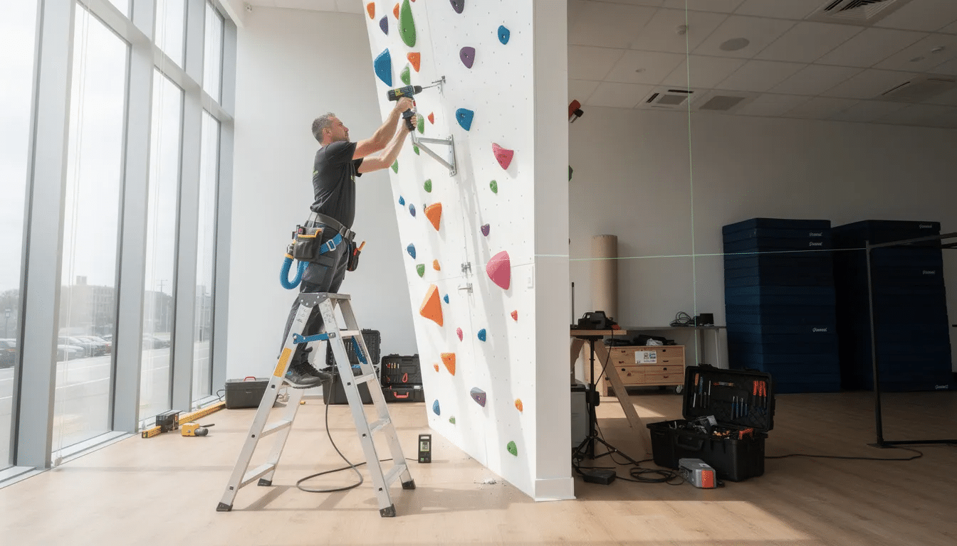 A professional is installing wall-mounted climbing equipment in a bright indoor space, designed to enhance indoor play structures for children. This playground equipment aims to engage kids in active play, promoting fitness and creativity while ensuring safety and fun.
