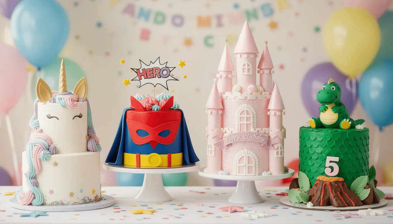 A colorful unicorn birthday cake features a pastel mane and a shimmering golden horn, surrounded by playful decorations. Nearby, a superhero cake showcases vibrant capes and masks, perfect for a fun birthday celebration.