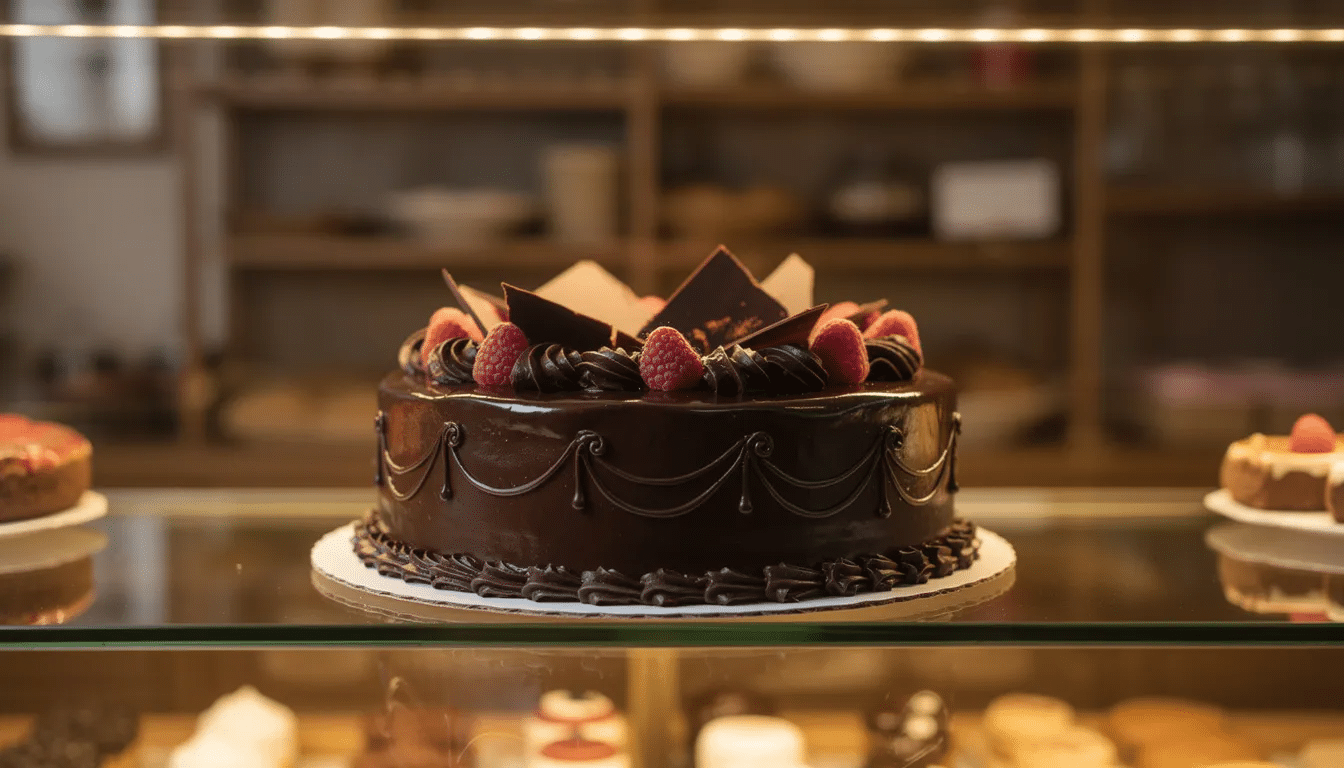 A beautifully decorated chocolate cake sits on a bakery display counter, illuminated by soft lighting, showcasing its rich frosting and intricate designs, perfect for any special occasion or celebration. This dream cake, made with the finest ingredients, invites you to visit the bakery and choose from a variety of delicious cakes for your next event.
