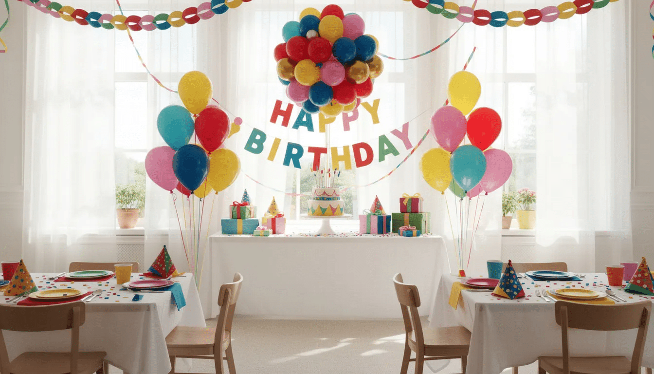 a15d0856-5081-44d7-a433-4e35127a1a26 The image depicts a vibrant birthday party setup in a bright indoor playground, adorned with colorful balloons and festive decorations. The space is designed for young kids to enjoy playtime, complete with a snack bar and playful elements that encourage exploration and fun.