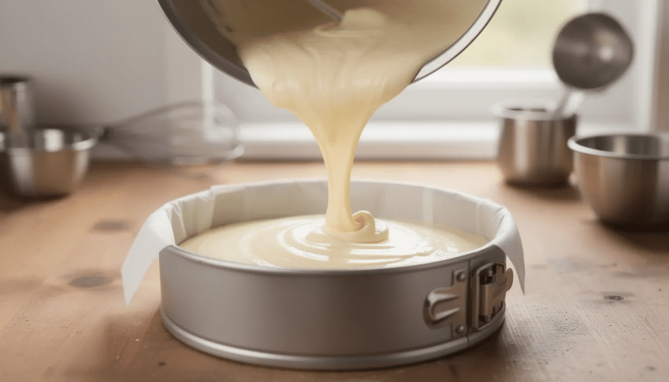 a2009199-ee1e-47ca-b139-74a6654881c9 A mixing bowl filled with smooth vanilla cake batter is being poured into a prepared round cake pan, ready for baking. The batter, made using a best vanilla cake recipe, promises to create a fluffy and tender cake once baked.