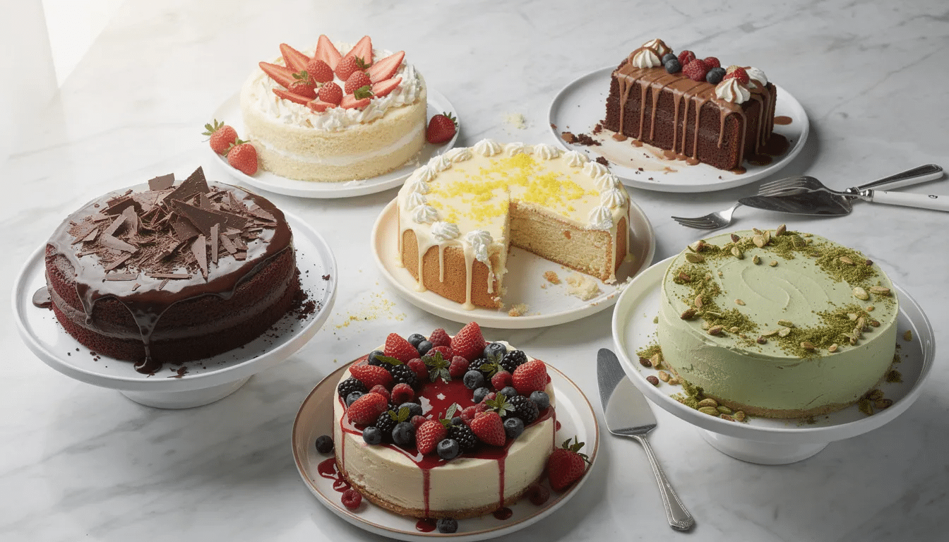 a259db7f-9042-48f8-b918-3580be58537e A variety of delicious dessert cakes in different flavors, including a light and moist Japanese cheesecake, are beautifully arranged on a marble countertop, showcasing their freshness and ideal presentation for any occasion. These crafted treats are perfect for sharing with friends or enjoying on a special day.