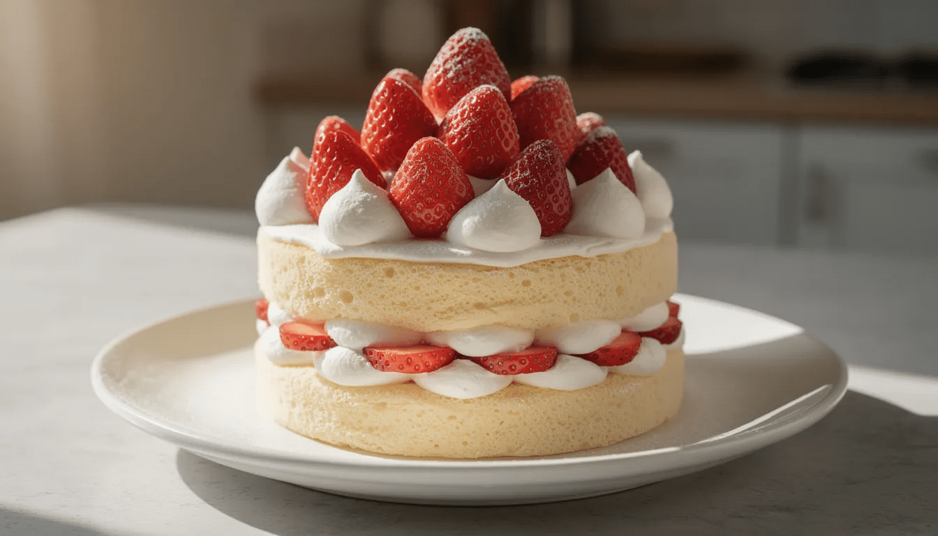 A light and fluffy Japanese strawberry shortcake is beautifully topped with fresh whole strawberries, showcasing layers of whipped cream and a soft sponge base. This delightful dessert, perfect for celebrations, is a signature offering from a cake shop in Seattle, inviting you to enjoy its creamy flavors.