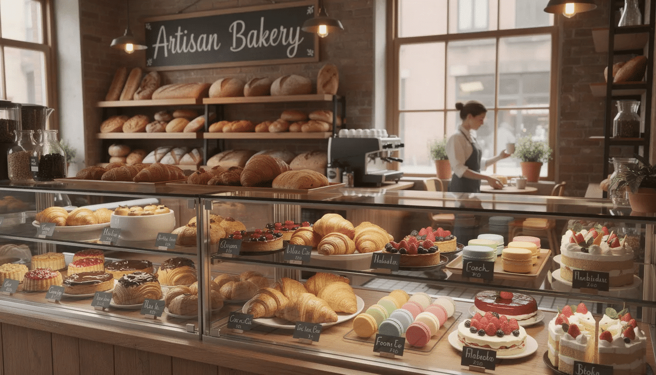 The image depicts the interior of a cozy artisan bakery, showcasing display cases filled with a variety of pastries and cakes, including a rich German chocolate cake and the best coconut cake in Atlanta. The warm atmosphere invites locals to indulge in delicious desserts, with a focus on freshness and perfectly balanced flavors.