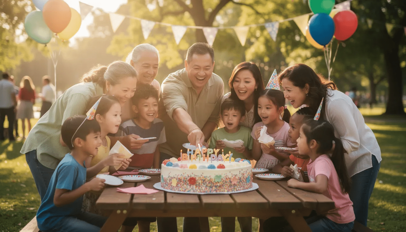 A group of people is gathered around a beautifully decorated half sheet cake at an outdoor birthday celebration, eagerly preparing to cut and serve slices to their guests. The cake, likely a delicious vanilla or carrot cake, is set on a cake board, surrounded by joyful faces ready to enjoy the special dessert.