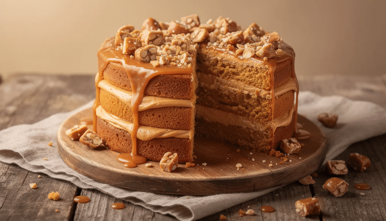 The image features a decadent layered caramel cake topped with a rich praline and drizzled with smooth caramel, elegantly displayed on a rustic wooden cake stand. This stunning dessert is perfect for celebrations and is sure to impress guests with its amazing flavors and beautiful presentation.